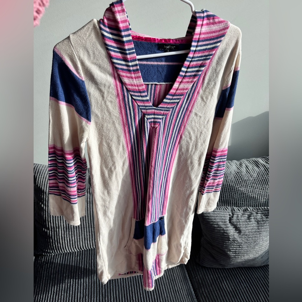 Pink and Blue Striped Women's Hoodie Dress